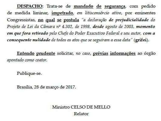 Ministro do STF pede esclarecimentos sobre projeto de terceirização