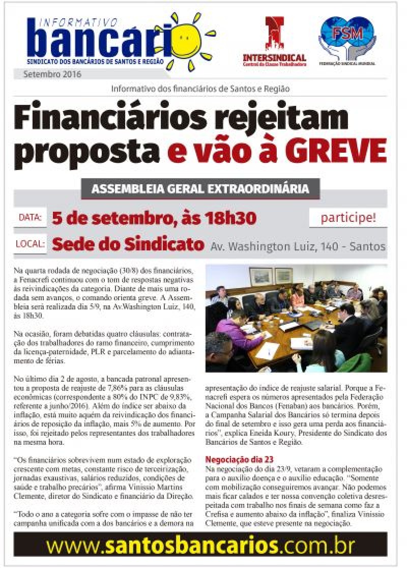 Financiários rejeitam proposta e vão à greve