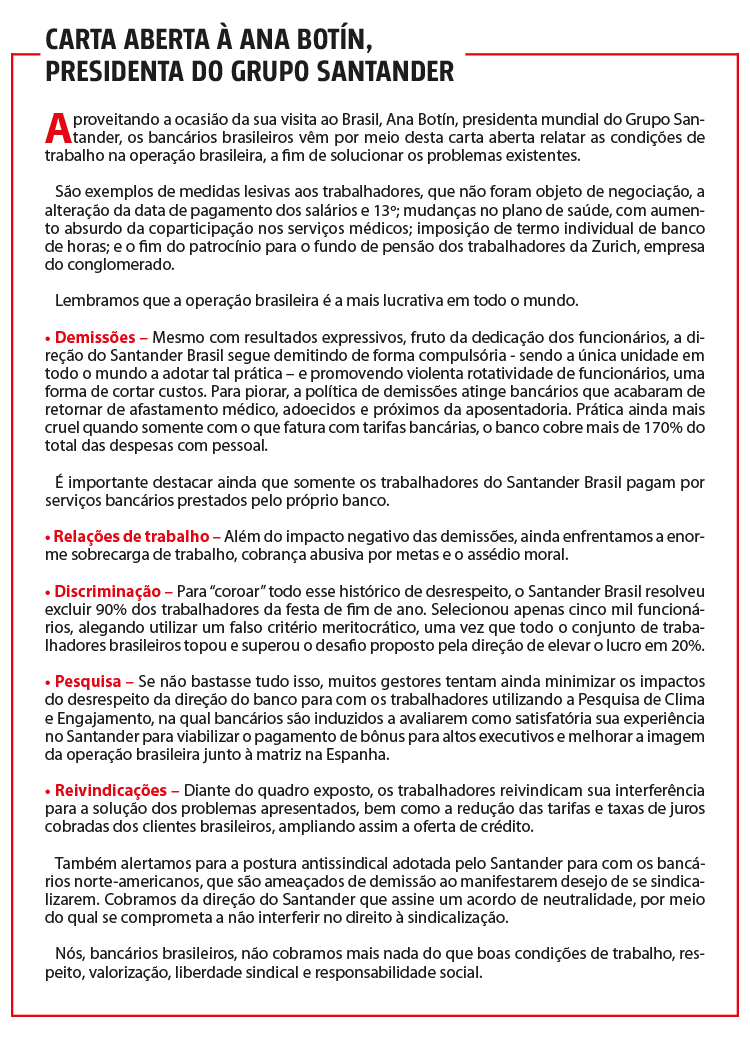 Bancários distribuem carta aberta a Ana Botín