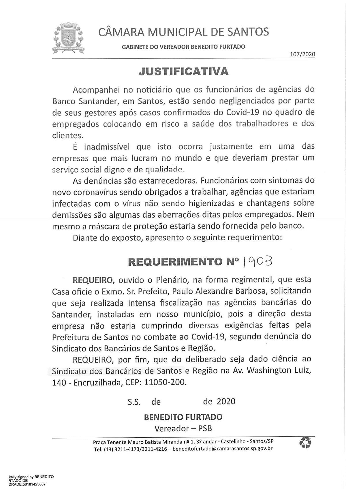 Covid-19: Câmara Municipal de Santos solicita fiscalização no Santander